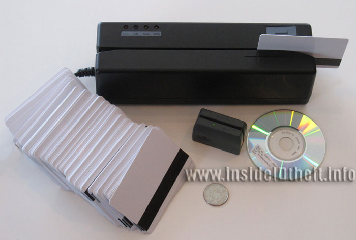 Credit Debit ATM card reader and writer plus small skimmer, blank credit card stock and software