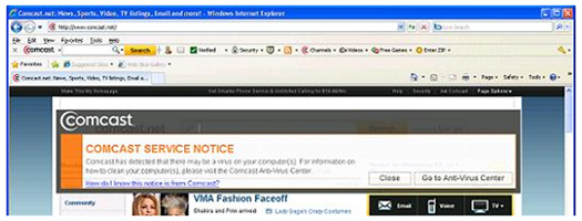 Comcast Virus Pop Up